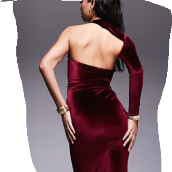 ASOS DESIGN velvet wrap around neckline midi dress in burgundy Size 8 - Picture 3 of 9